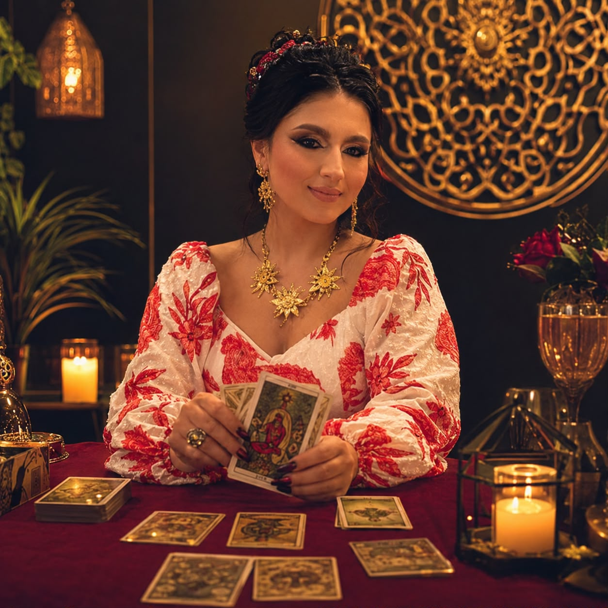 Taróloga Isabella com as cartas de tarô em sua mesa de leitura